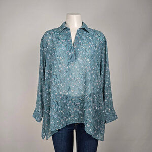 Cabi Blue Floral Sheer Collared High Low Blouse Top Size XS